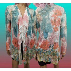 Y2K Sheer Long Textured Knit Cardigan Size M Fairycore Floral Turquoise Coral